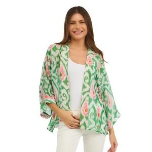 ONE HUNDRED STARS Kimono Jacket Green Pink Ikat Print Lightweight Boho Cropped